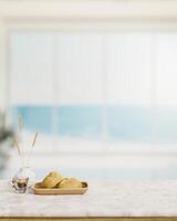 une pain panier et une café tasse sur une blanc marbre table dans une moderne blanc plage maison vivant chambre. photo