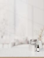 beauté des produits sur une blanc table avec une flou Contexte de une moderne luxueux blanc vivant chambre. photo