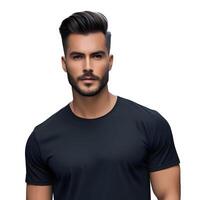 Jeune modèle chemise maquette, noir T-shirt sur blanc Contexte photo