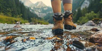 randonnée promeneur voyageur paysage aventure la nature en plein air sport Contexte panorama - proche en haut de pieds avec randonnée des chaussures de une homme ou femme en marchant dans le rivière photo