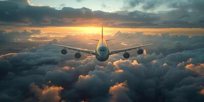 commercial avion prise de dans coloré ciel à le coucher du soleil. paysage avec blanc passager avion, violet ciel avec rose des nuages. en voyageant par avion photo