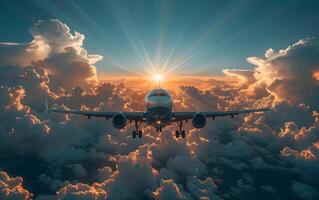 commercial avion prise de dans coloré ciel à le coucher du soleil. paysage avec blanc passager avion, violet ciel avec rose des nuages. en voyageant par avion photo