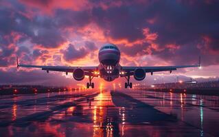 commercial avion prise de dans coloré ciel à le coucher du soleil. paysage avec blanc passager avion, violet ciel avec rose des nuages. en voyageant par avion photo