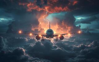 commercial avion prise de dans coloré ciel à le coucher du soleil. paysage avec blanc passager avion, violet ciel avec rose des nuages. en voyageant par avion photo
