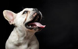 français bouledogue chien cette a ouvert ses bouche et des bâtons en dehors ses langue photo