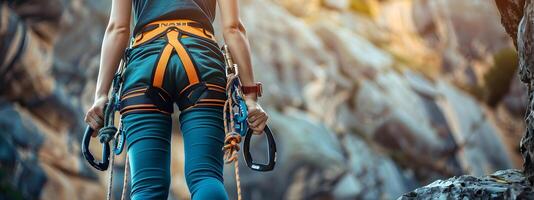 proche en haut de une sportif svelte jolie femme avec escalade harnais, corde et mousqueton pour sécurité, escalade sur une Roche dans le montagnes photo