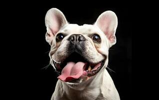 français bouledogue chien cette a ouvert ses bouche et des bâtons en dehors ses langue photo