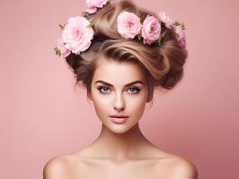 une femme orné avec fleurs dans sa cheveux sur une rose Contexte photo