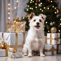 petit blanc terrier est assis par Noël arbre avec cadeaux, une de fête vacances scène photo