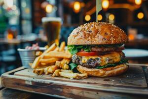 savoureux artisanat du boeuf Burger sur une floue restaurant Contexte avec frites. cheeseburger avec oignons, tranche tomate, laitue, bacon, cornichon et Patate français frites. photo