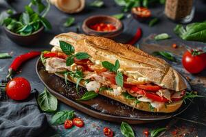 sandwich avec poulet, fromage, tomates et basilic sur une noir assiette et noir Contexte suivant à le Ingrédients photo