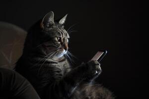 chat regards à une téléphone intelligent dans une foncé chambre. animal de compagnie social médias alimentation photo