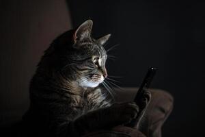 chat regards à une téléphone intelligent dans une foncé chambre. animal de compagnie social médias alimentation photo