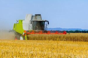 une machine récolte grain dans une champ photo