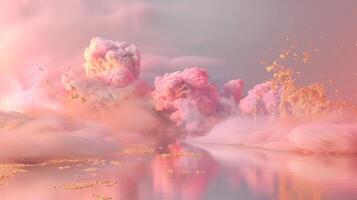 une rêveur rose et or Contexte avec eucalyptus feuilles, création un atmosphère de luxe pour produit afficher dans le style de surréaliste fantaisie paysages. photo