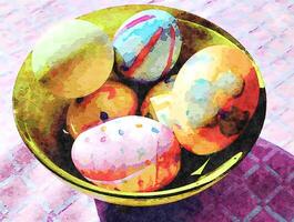 bouilli des œufs peint dans une bol. comme une souhait pour une content Pâques photo