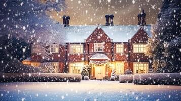 Noël dans le campagne manoir, Anglais pays maison Manoir décoré pour vacances sur une neigeux hiver soir avec neige et vacances lumières, joyeux Noël et content vacances photo
