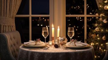 de fête Date nuit paysage de table idée, dîner table réglage pour deux et Noël, Nouveau année, valentines journée décor, Anglais pays Accueil coiffant photo