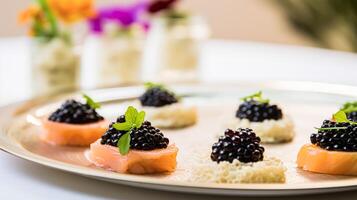 nourriture, hospitalité et pièce service, entrée apéritifs avec caviar comme exquis cuisine dans Hôtel restaurant une la carte menu, culinaire art et bien à manger photo