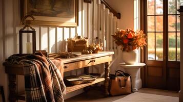 automnal couloir décor, intérieur conception et maison décoration, accueillant l'automne entrée meubles, escalier et entrée salle Accueil décor dans un Anglais pays maison et chalet style photo