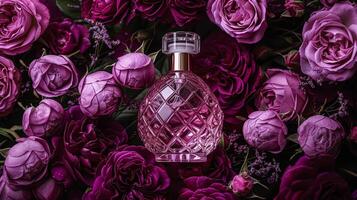 parfum bouteille dans fleurs, fragrance sur épanouissement arrière-plan, floral parfum et cosmétique produit photo