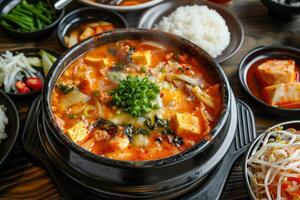 coréen plat avec Bibimbap nouilles dans une noir Profond assiette sur lumière Contexte. ingrédients, Viande, champignons, des légumes. photo