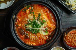coréen plat avec Bibimbap nouilles dans une noir Profond assiette sur foncé Contexte. ingrédients, Viande, champignons, des légumes. Haut vue photo