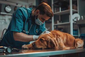 une vétérinaire donne un injection à une d'or retriever. médecin Faire examen de chien sur en fonctionnement table dans clinique photo