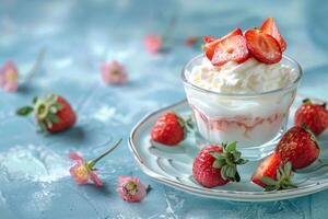 des fraises avec fouetté crème. sucré dessert dans une plaque. bleu pastel Contexte photo