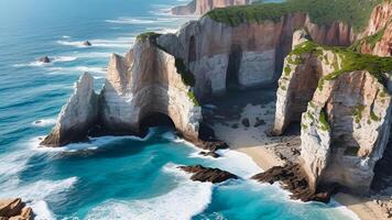 Haut vue de Stupéfiant côtier falaises une panoramique vue de Naturel arcs, turquoise des eaux, et rocheux rivages. photo