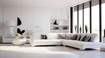 blanc minimal vivant pièce conception. blanc Couleur mur , blanc plafond, blanc minimal canapé contre blanc en bois étagère à livres, blanc intérieur allégé .moderne vivant chambre. photo