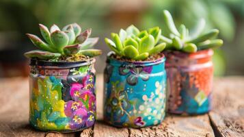 soumissionner les plantes dans coloré céramique des pots sur une en bois table photo