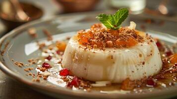 une fermer de une délicieux eid dessert, magnifiquement plaqué et garni avec fruité sauce photo