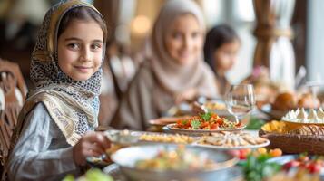 une famille profiter une de fête eid repas ensemble, avec une table plein de délicieux vaisselle photo