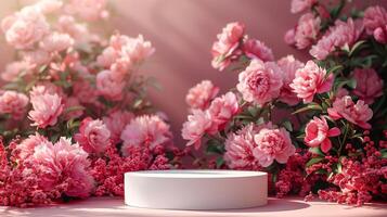 vide blanc podium sur pivoine fleur jardin rose pastel Contexte avec chaud Matin lumière pour produit présentation photo