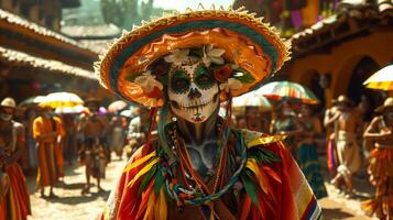 portrait de une femme portant mexicain chapeau et crâne peindre maquillage salue gens à le mexicain cinco de mayo Festival photo