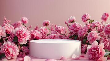 vide blanc podium sur pivoine fleur jardin rose pastel Contexte avec chaud Matin lumière pour produit présentation photo
