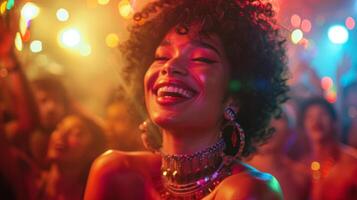 une Jeune femme portant maquillage et fantaisie tenues sourit Heureusement dans une club rempli avec coloré nuit lumières, fête fête, concert salle photo