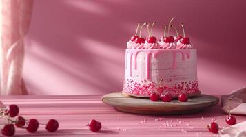 rose fantaisie anniversaire gâteau avec cerises pansement sur Haut sur rose en bois table sur rose Contexte avec copie espace, cogitation anniversaire fête photo