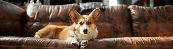 corgi chien mensonges sur le canapé dans une confortable vivant pièce photo