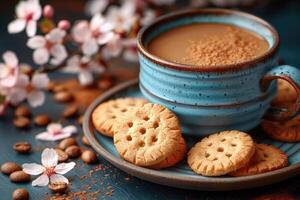 tasse de café et biscuits dans le Matin Soleil avec Sakura professionnel La publicité nourriture la photographie photo