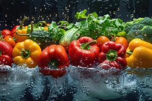 une Frais des fruits ou des légumes avec l'eau gouttelettes création une éclaboussure La publicité nourriture la photographie photo