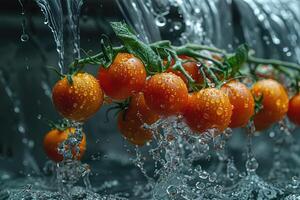 une Frais des fruits ou des légumes avec l'eau gouttelettes création une éclaboussure La publicité nourriture la photographie photo