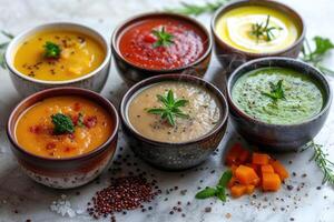 le chaleur et nutrition de fait maison soupes ou velours nourriture professionnel La publicité nourriture la photographie photo