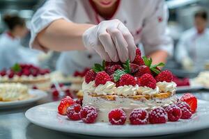 une chef fait du délicieux desserts professionnel La publicité nourriture la photographie photo