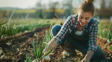 une Jeune agriculteur agriculture oignons. champ paysage de le dos. généré par artificiel intelligence. photo