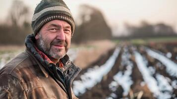 une agriculteur permanent sur une hiver champ. allusion de une sourire, à la recherche dans caméra, en retard après-midi. généré par artificiel intelligence. photo