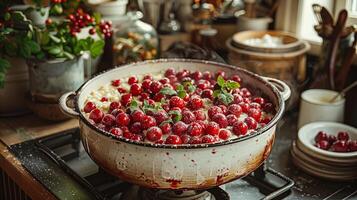 fraîchement choisi airelles dans une pot. vibrant rouge baies, Confiture, nourriture la photographie. généré par artificiel intelligence. photo