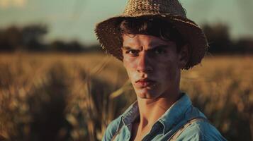 une Jeune en colère français agriculteur. le champ paysage de le dos. généré par artificiel intelligence. photo