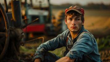 une Jeune en colère français agriculteur. le ferme paysage de le dos. généré par artificiel intelligence. photo